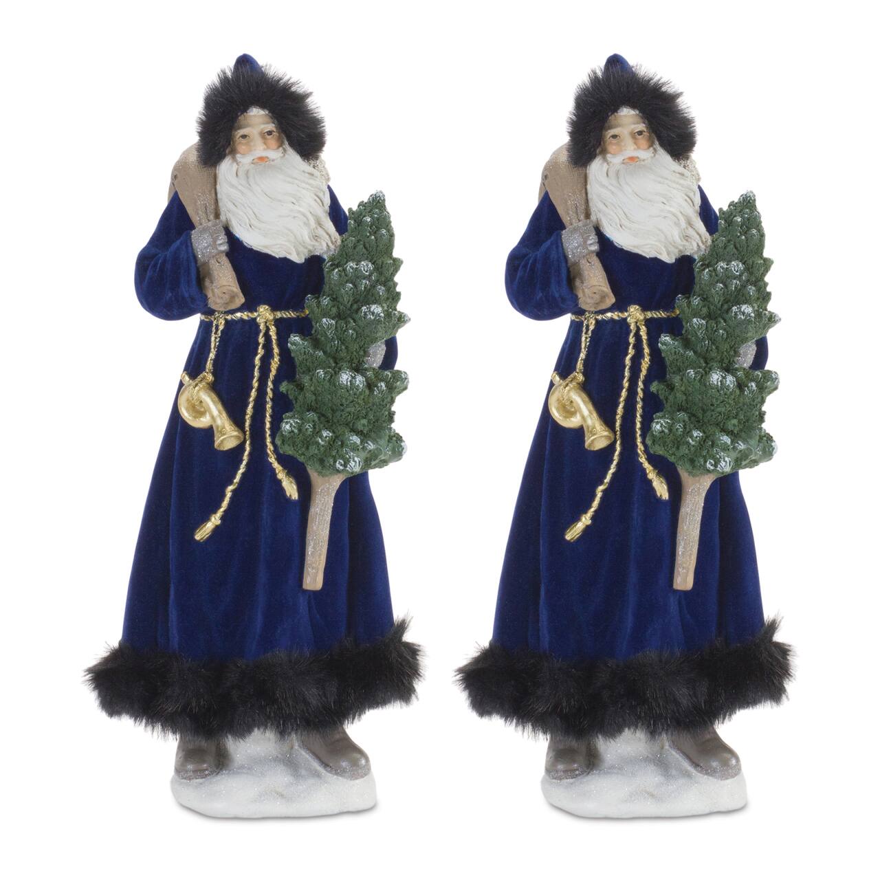 15" Hooded Santa with Frosted Pine Tree Figurines, 2ct.